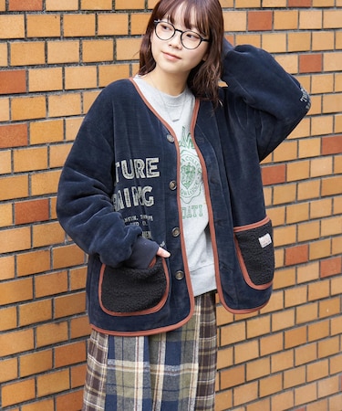 裏ボア ベロア ノーカラー ジャケット