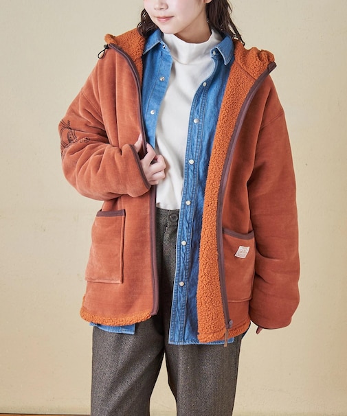 裏ボア ベロア スピンドル ジップパーカー