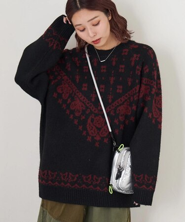 リサイクル ニット ペイズリー柄 ジャガード プルオーバー