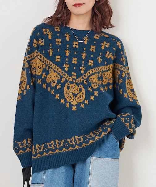 リサイクル ニット ペイズリー柄 ジャガード プルオーバー