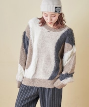 ループヤーン × シャギーヤーン ニット ランダム ストライプ プルオーバー