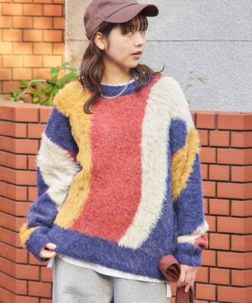 ループヤーン × シャギーヤーン ニット ランダム ストライプ プルオーバー