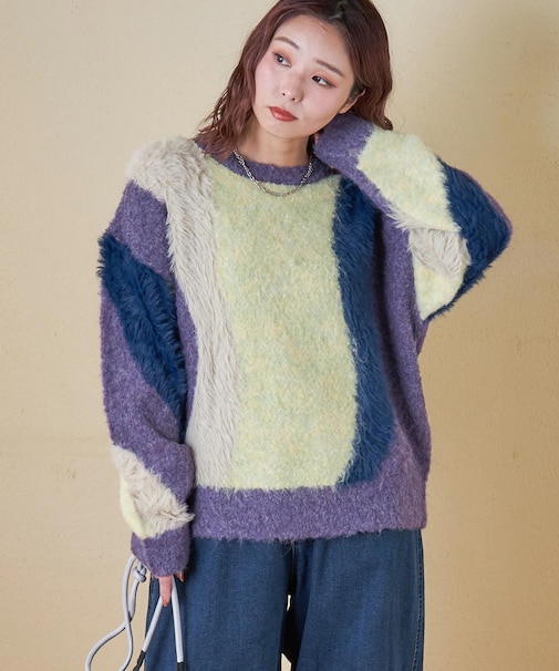 ループヤーン × シャギーヤーン ニット ランダム ストライプ プルオーバー