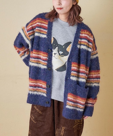 ループヤーン × シャギーヤーン マルチボーダー ニット Vネック カーディガン