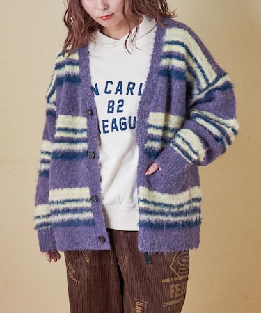 ループヤーン × シャギーヤーン マルチボーダー ニット Vネック カーディガン