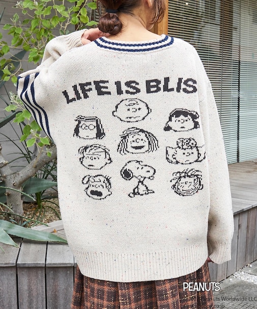 PEANUTS  ( ピーナッツ ) 1/16ネップヤーン ニット ロゴ ジャガード ライン入り Vネック プルオーバー