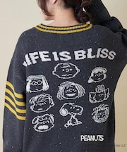 PEANUTS  ( ピーナッツ ) 1/16ネップヤーン ニット ロゴ ジャガード ライン入り Vネック プルオーバー