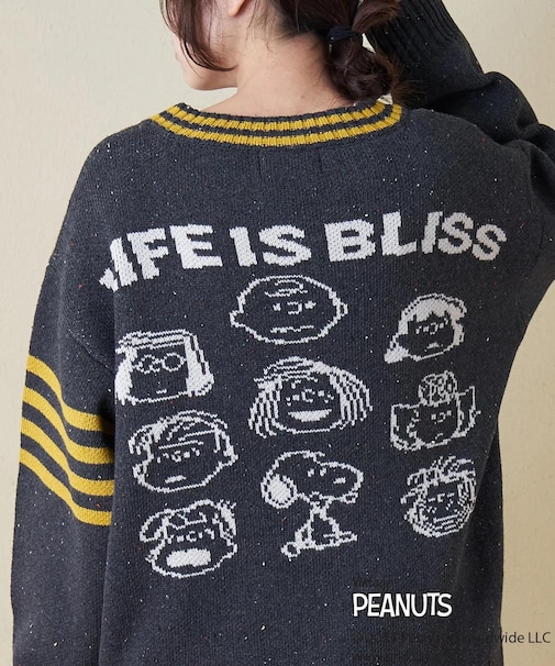 PEANUTS  ( ピーナッツ ) 1/16ネップヤーン ニット ロゴ ジャガード ライン入り Vネック プルオーバー