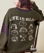 PEANUTS  ( ピーナッツ ) 1/16ネップヤーン ニット ロゴ ジャガード ライン入り Vネック プルオーバー