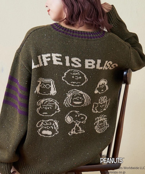 PEANUTS  ( ピーナッツ ) 1/16ネップヤーン ニット ロゴ ジャガード ライン入り Vネック プルオーバー