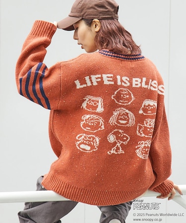 PEANUTS  ( ピーナッツ ) 1/16ネップヤーン ニット ロゴ ジャガード ライン入り Vネック プルオーバー