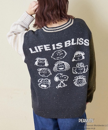 PEANUTS  ( ピーナッツ ) 1/16ネップヤーン ニット ロゴ ジャガード ライン入り Vネック プルオーバー