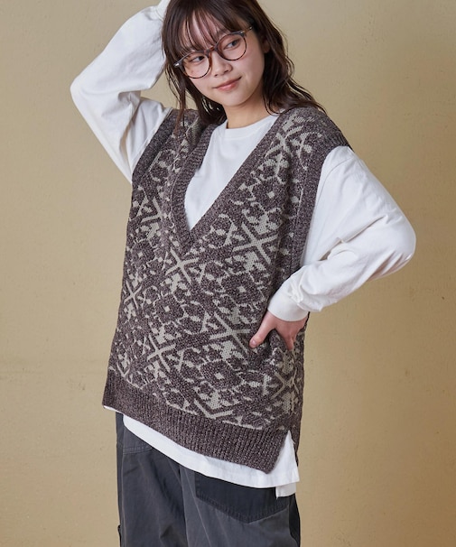 モール ジャガード ニット Vネック ベスト