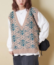 モール ジャガード ニット Vネック ベスト
