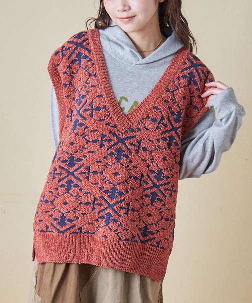 モール ジャガード ニット Vネック ベスト