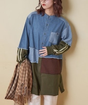 8オンス デニム × スウェット リメイク風 チュニック シャツワンピース