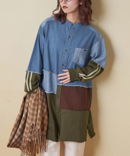 8オンス デニム × スウェット リメイク風 チュニック シャツワンピース