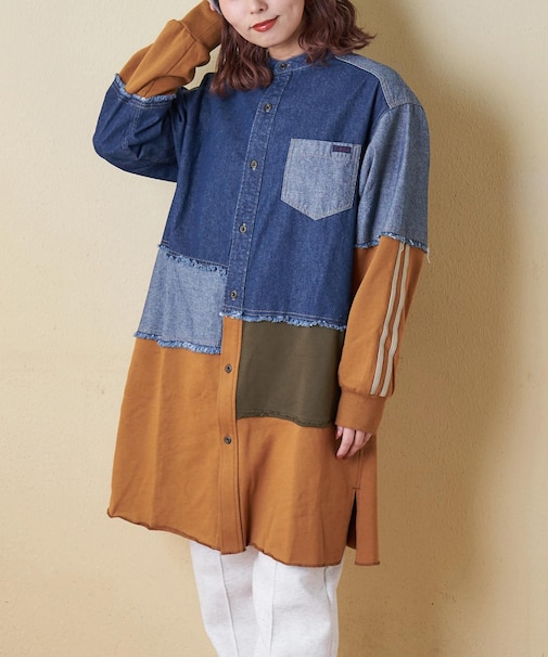 8オンス デニム × スウェット リメイク風 チュニック シャツワンピース