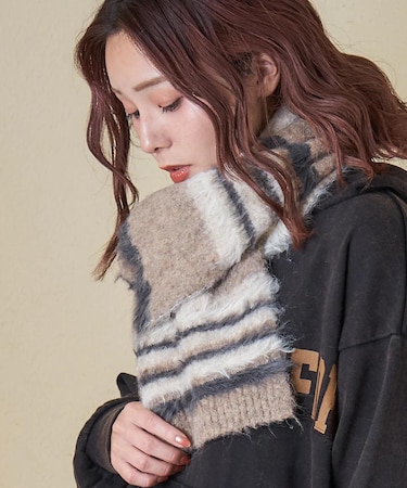 ループヤーン × シャギーヤーン ニット マルチボーダー マフラー