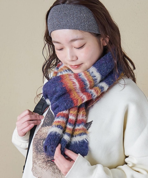 ループヤーン × シャギーヤーン ニット マルチボーダー マフラー