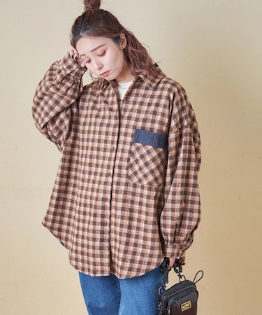 微起毛 チェック デニム使い ビッグシャツ