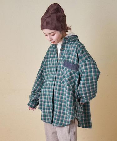 微起毛 チェック デニム使い ビッグシャツ