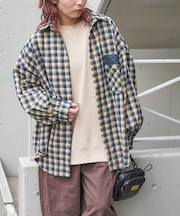 微起毛 チェック デニム使い ビッグシャツ