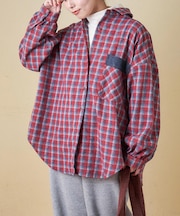 微起毛 チェック デニム使い ビッグシャツ