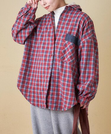 微起毛 チェック デニム使い ビッグシャツ