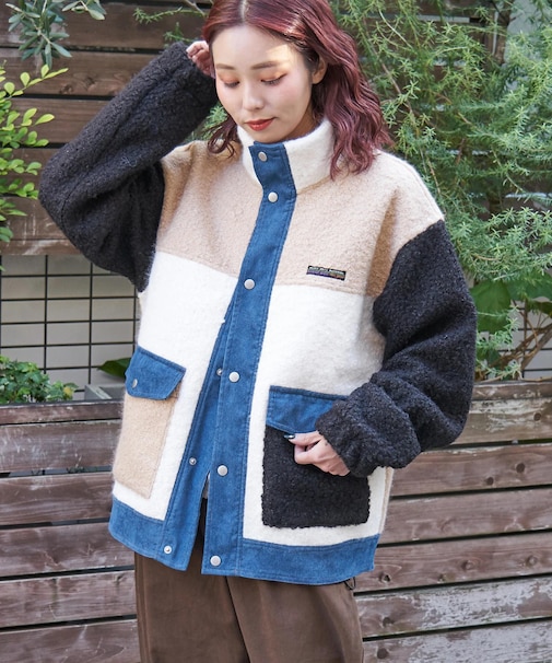 プードルファー スタンドカラー 配色 ブルゾン