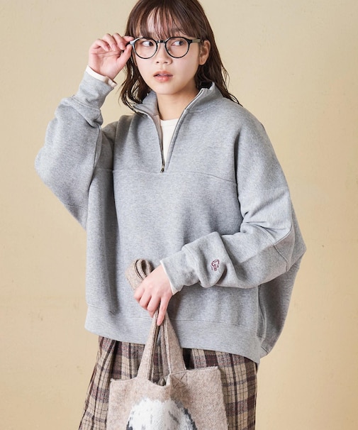 CVC ガーゼ裏毛 裏起毛 スウェット 変形 ドルマン ハーフジップ プルオーバー