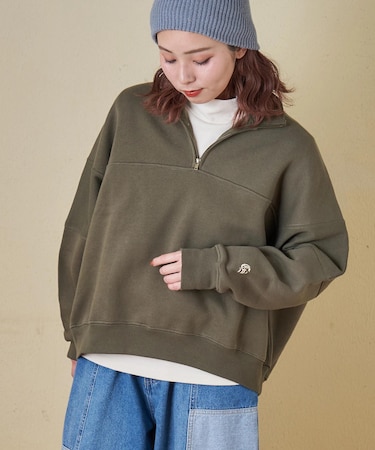 CVC ガーゼ裏毛 裏起毛 スウェット 変形 ドルマン ハーフジップ プルオーバー