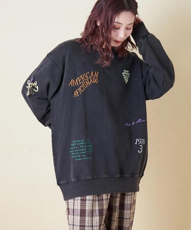 30/10裏毛 パウダー加工 スウェット ロゴ 刺繍 ビッグ プルオーバー