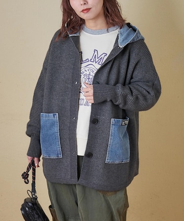 デニム × ニット フード ジャケット
