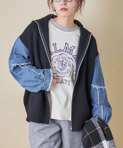 デニム × ニット ジップアップ カーディガン