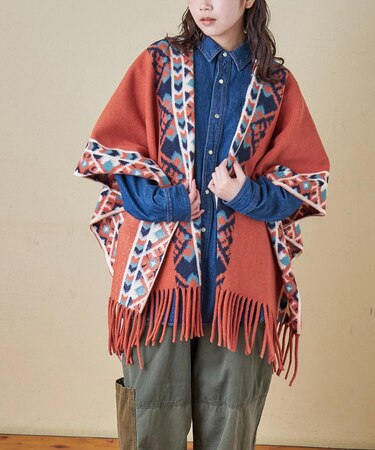 オルテガ柄 フリンジ ショール