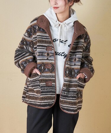 WEB限定 evo. (エボ) 総柄ボア × フェイクスウェード スタンドカラー ジャケット