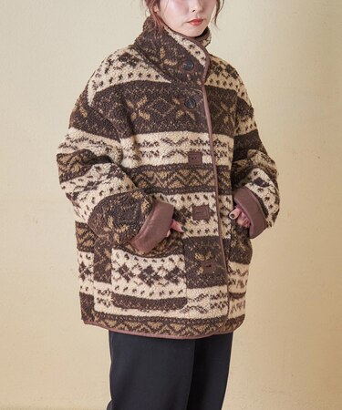 WEB限定 evo. (エボ) 総柄ボア × フェイクスウェード スタンドカラー ジャケット