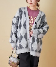 WEB限定 evo. (エボ) アーガイル柄 シャギーニット Vネック カーディガン