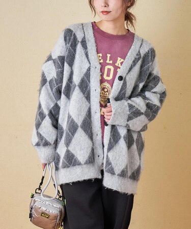 WEB限定 evo. (エボ) アーガイル柄 シャギーニット Vネック カーディガン