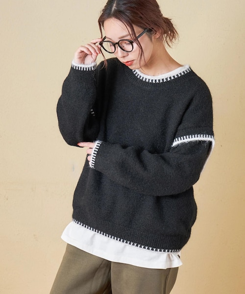 WEB限定 evo. (エボ) ブランケットステッチ柄 レイヤード風 ニット