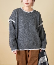 WEB限定 evo. (エボ) ブランケットステッチ柄 レイヤード風 ニット プルオーバー