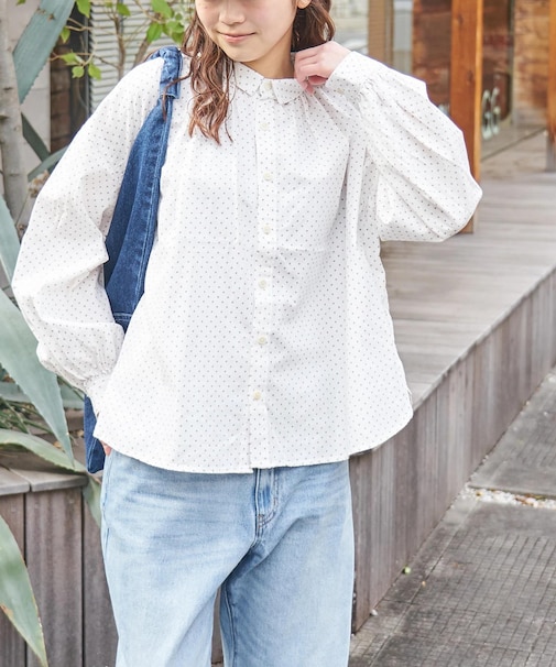 ソフトツイル 総柄 プリント ギャザーシャツ