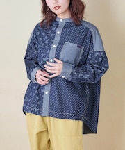 ライトデニム 抜染プリント ビッグシャツ