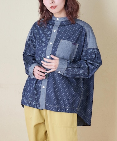ライトデニム 抜染プリント ビッグシャツ
