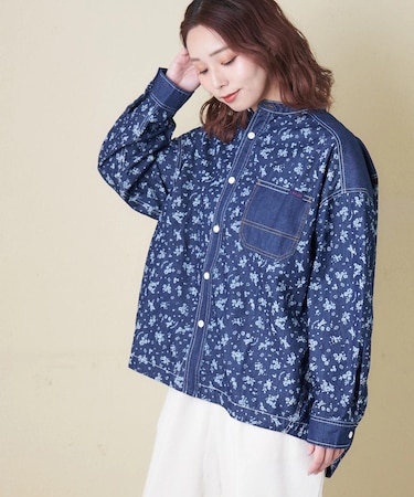 ライトデニム 抜染プリント ビッグシャツ
