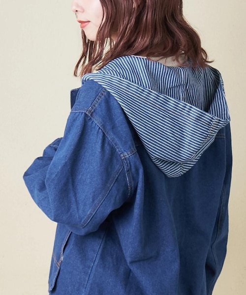 デニム × ヒッコリー フード付 ジャケット｜キューブシュガーの通販