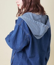 デニム × ヒッコリー フード付 ジャケット