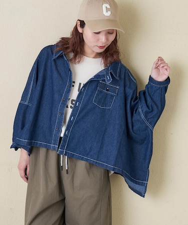 デニム 9分袖 ドルマン ショート丈 シャツ