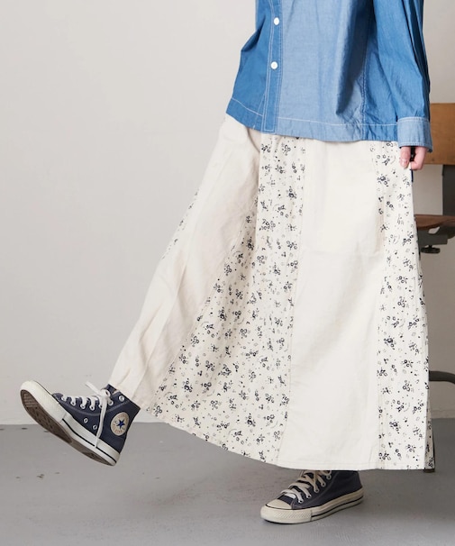 ソフトツイル 総柄 プリント 切替 ギャザースカート